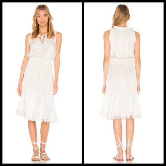 💕MISA LOS ANGELES💕 Moav Dress Elasticized Waist Scalloped Lace Hem White Large - Picture 1 of 11